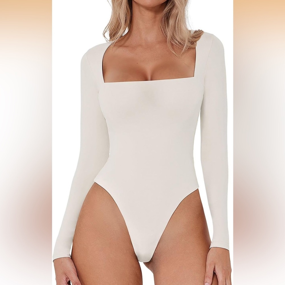 Womens Sexy Square Neck Bodysuit Long Sleeve Double Lined Shirt Tops NWT Size L